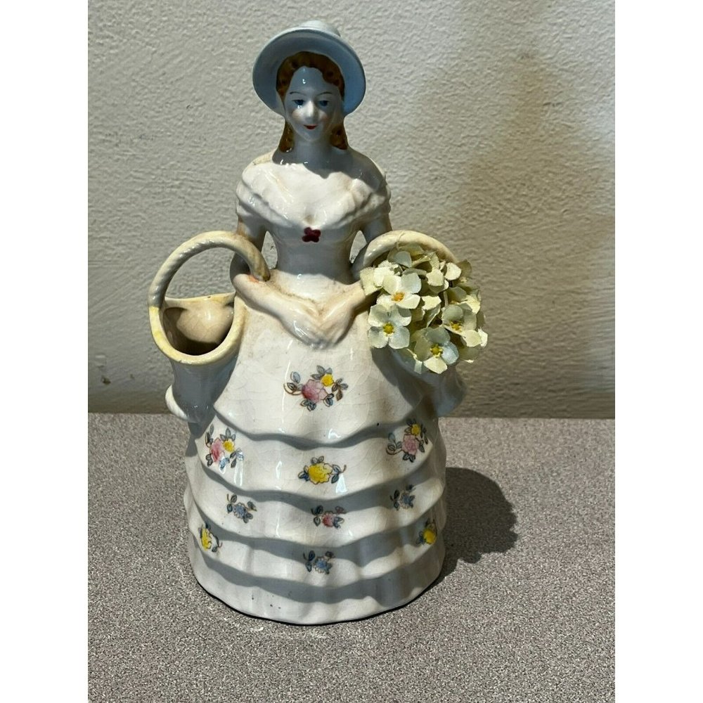 Vintage Southern Bell Porcelain Figurine Painted Trim 8” Tall dual planter
